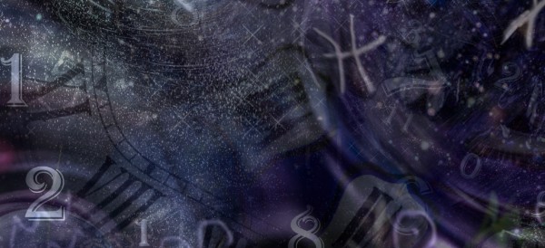 clock numbers and zodiac signs on a starry background