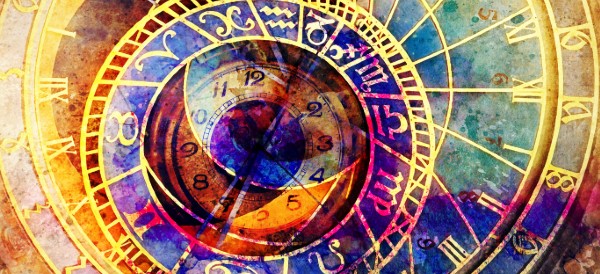 signs of the zodiac painted in brilliant yellow and blue colors, all in a circle over a clock
