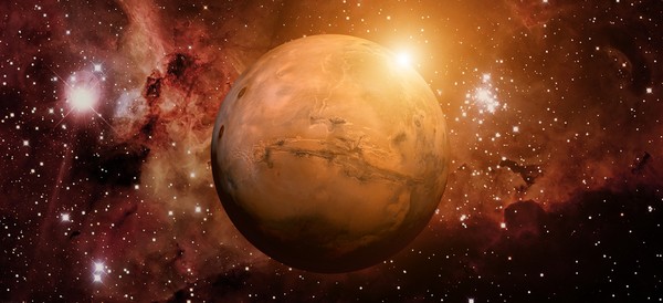 The planet mars floating in the solar system with stars around it