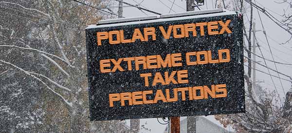 a road traffic sign warns of a polar vortex