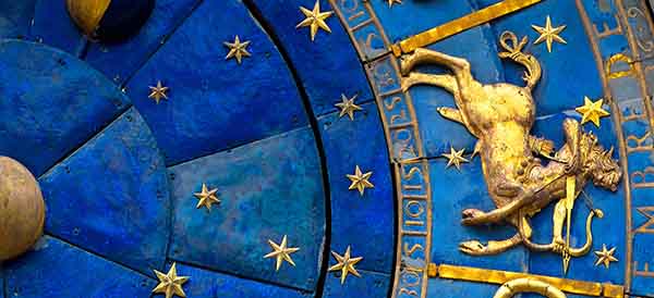 an astrological wheel featuring planetary aspects and Sagittarius